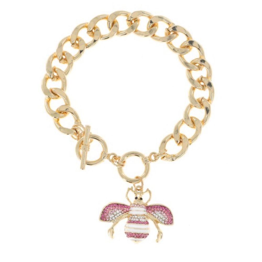 Gold Cuban link rhinestone bee charm bracelet